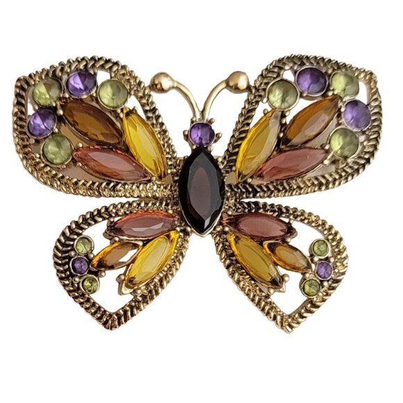 Monet Gold Tone Rhinestone Butterfly Pin Brooch, Signed - Picture 6 of 6